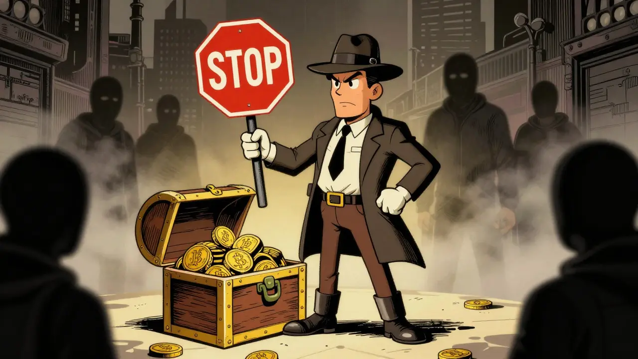 Cartoon detective protecting digital assets from shadowy scammer silhouettes.