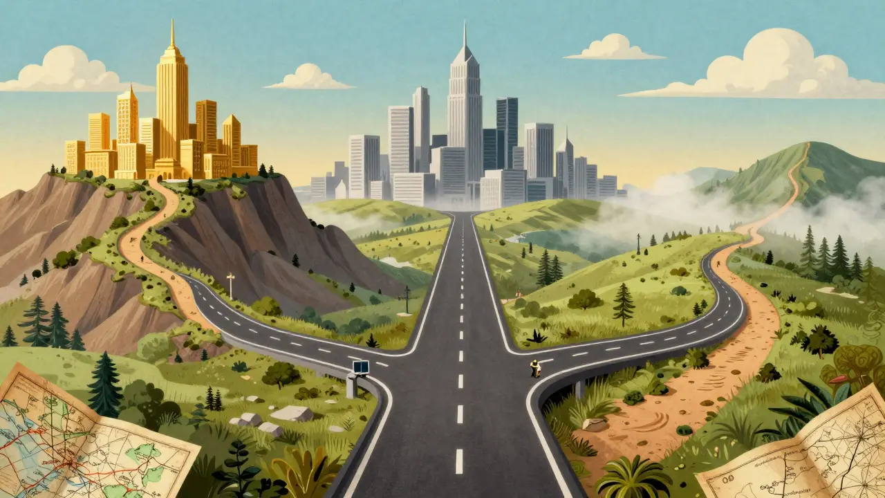 Cartoon map showing three different paths for future finance