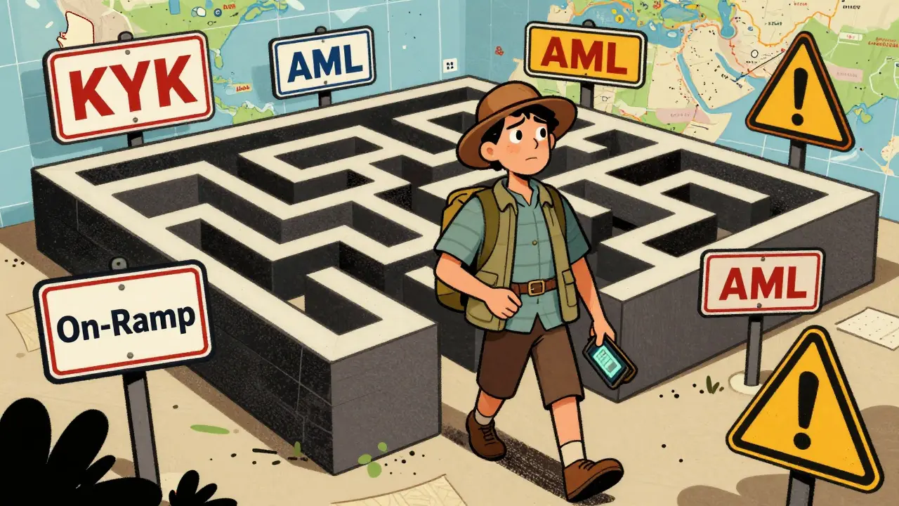 Cartoon of user navigating crypto regulation and tech maze