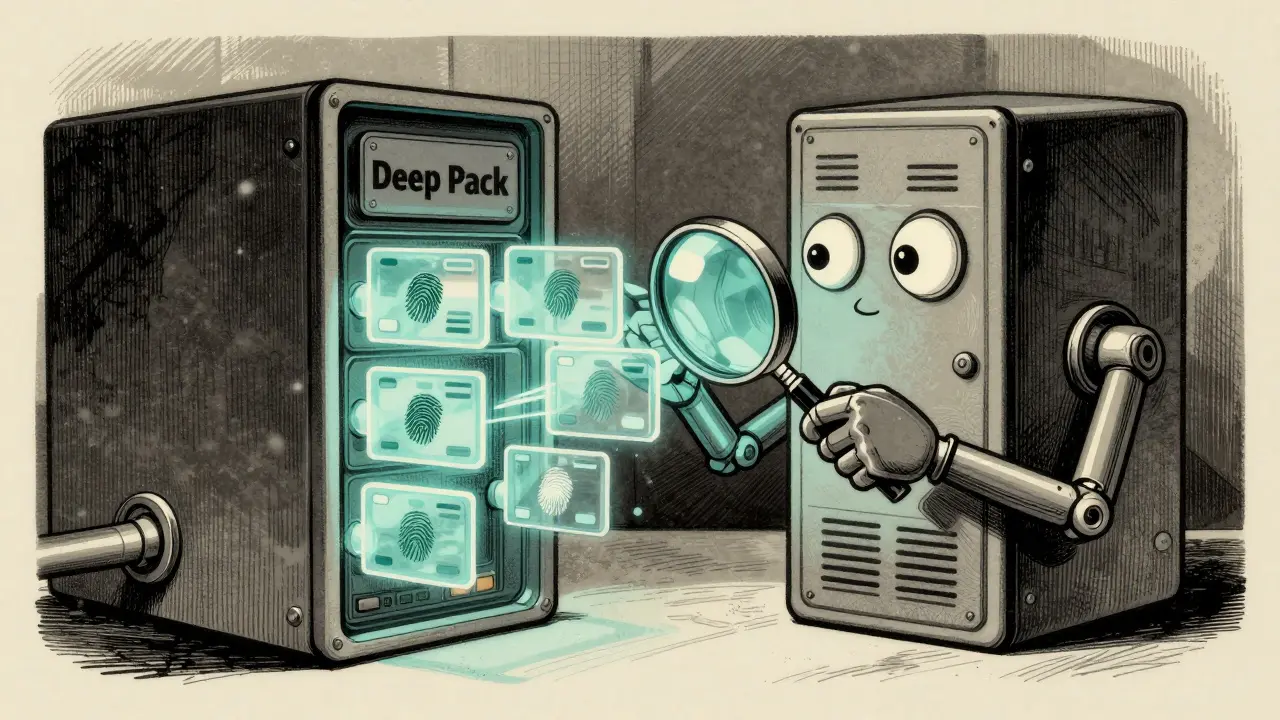 Cartoon server inspecting encrypted data packets with magnifying glass