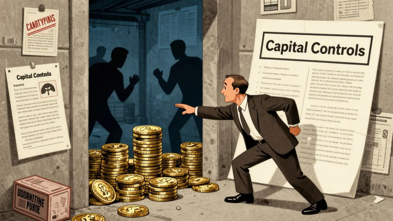 Cartoon showing capital control barriers blocking fund transfers