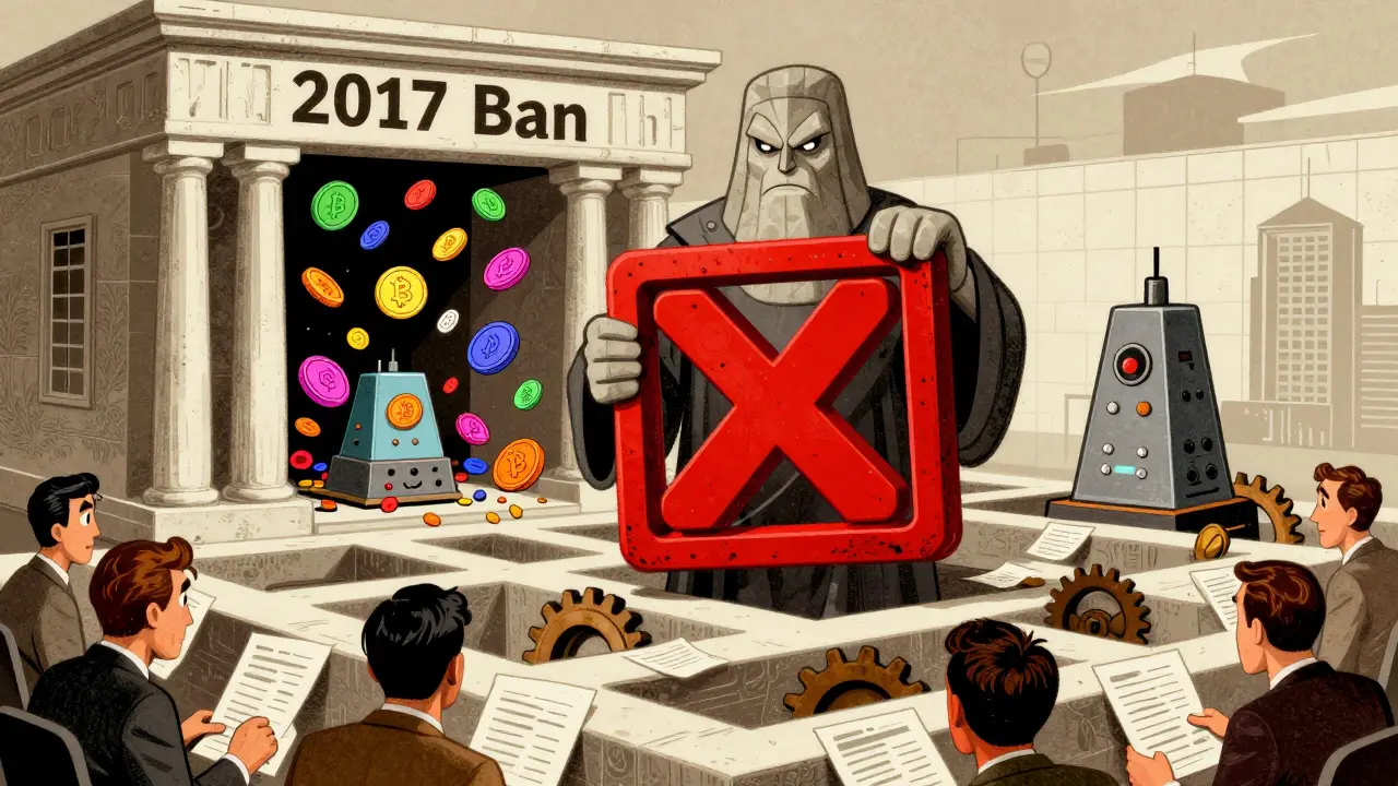 Central Bank blocking crypto coins with red X stamp