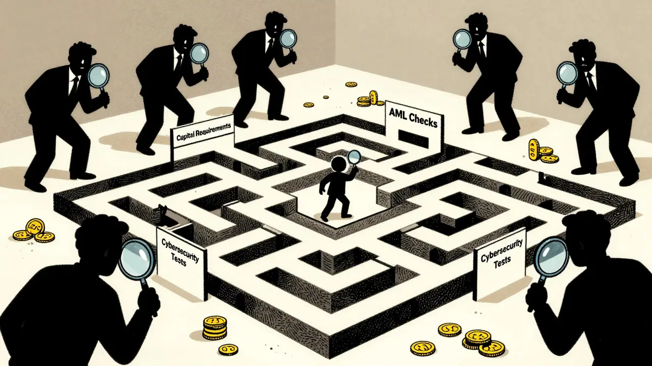 Character navigating regulatory maze with compliance hurdles