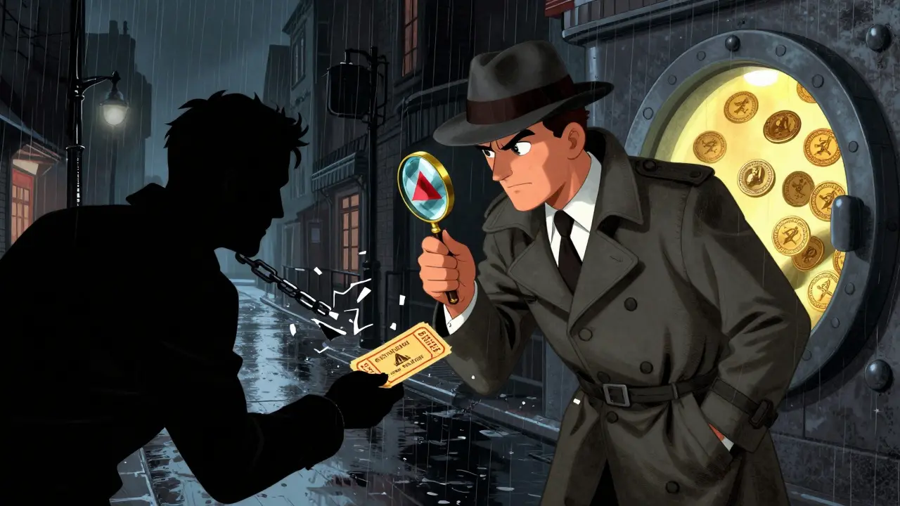 Detective exposing a crypto scammer in a vintage noir style illustration
