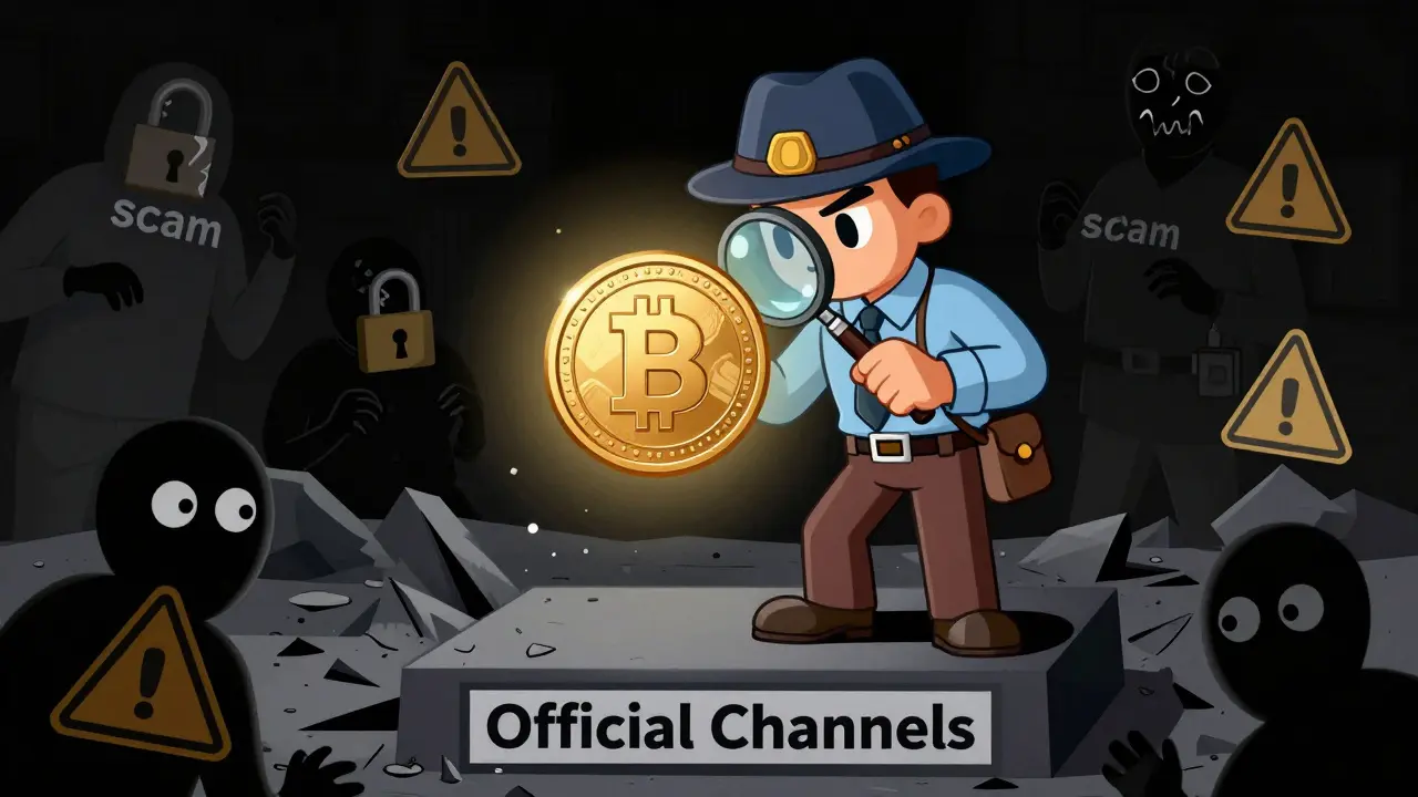 Detective inspecting BNC token to avoid scams in vintage illustration