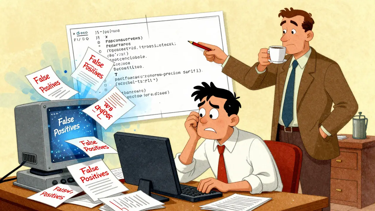 Developer drowning in alerts vs calm auditor finding flaws, retro art.