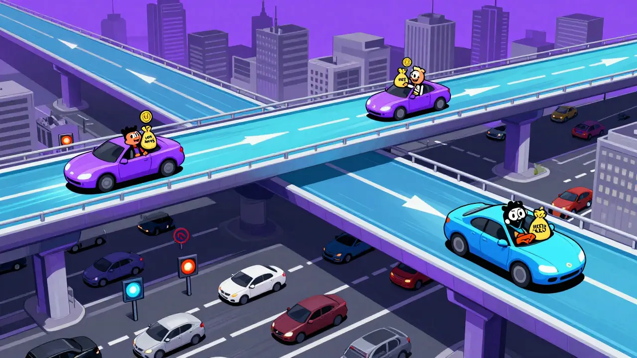Futuristic highway speeding over congested city streets