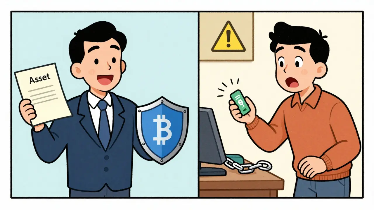 Illustration contrasting legal crypto holding vs illegal payments
