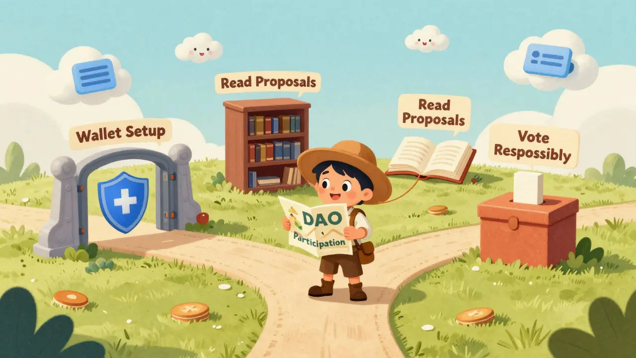 Illustration of an explorer choosing paths for wallet setup and voting in DAOs
