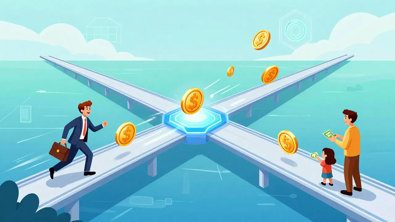 Illustration of fast stablecoin transfer via blockchain bridge
