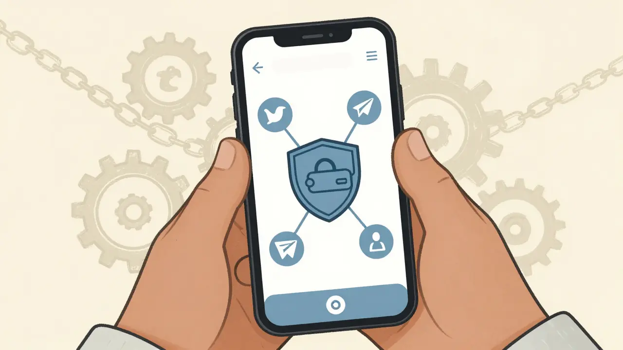 Illustration of hands holding a phone showing social links connecting to a secure wallet.