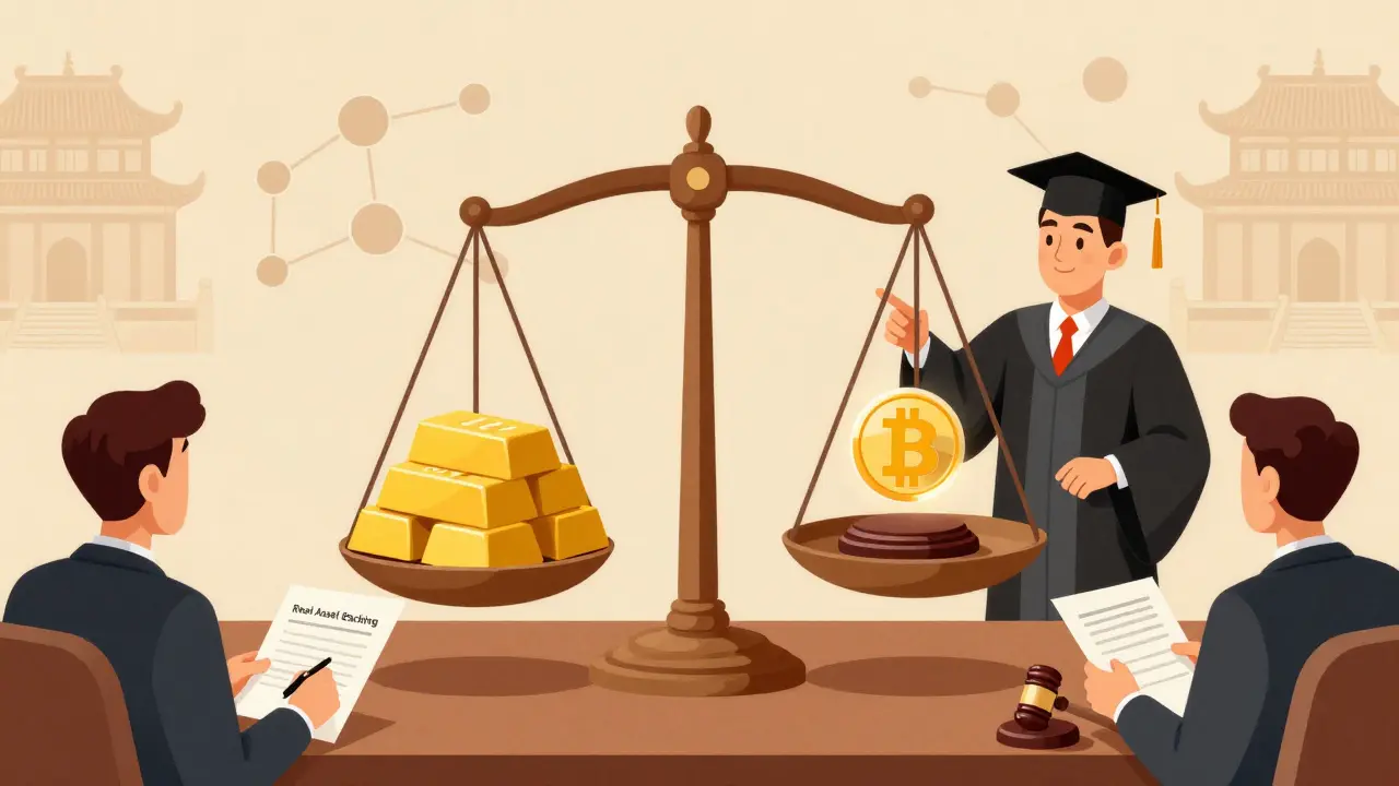 Illustration of scales balancing real assets and recognized Bitcoin