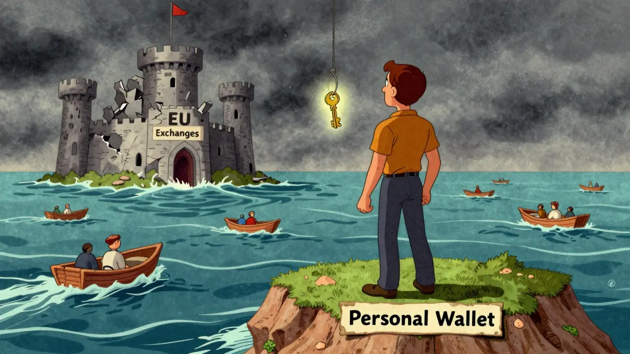 Illustration of user securing crypto in personal wallet away from regulated exchanges.