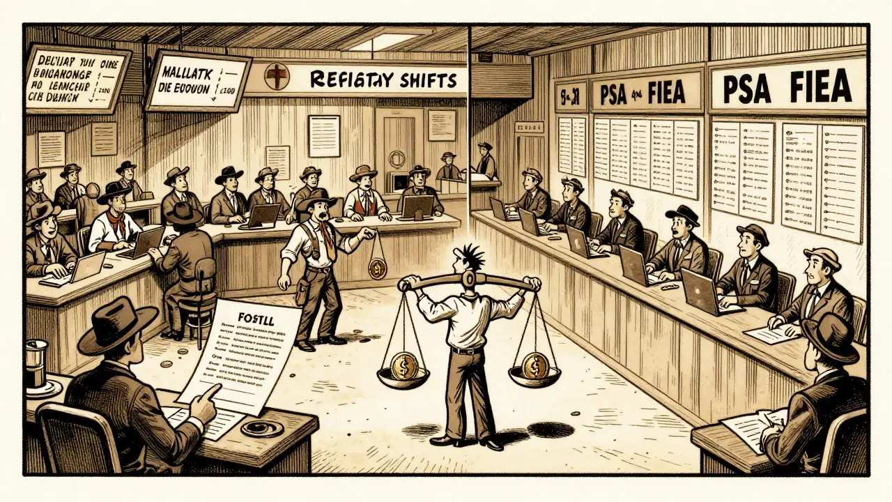 Retro illustration comparing chaotic trading to regulated stock exchange