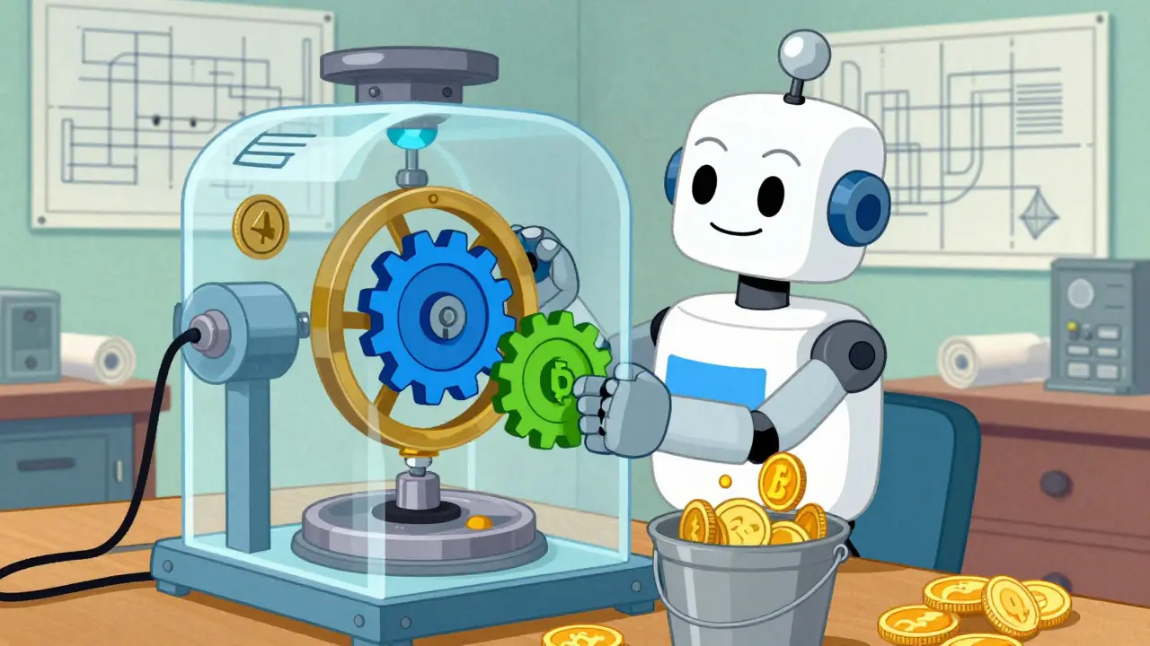 Retro illustration of a robot assembling DeFi protocol gears