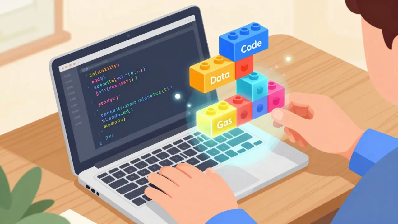 Retro illustration of code blocks assembling like Lego bricks on a desk.