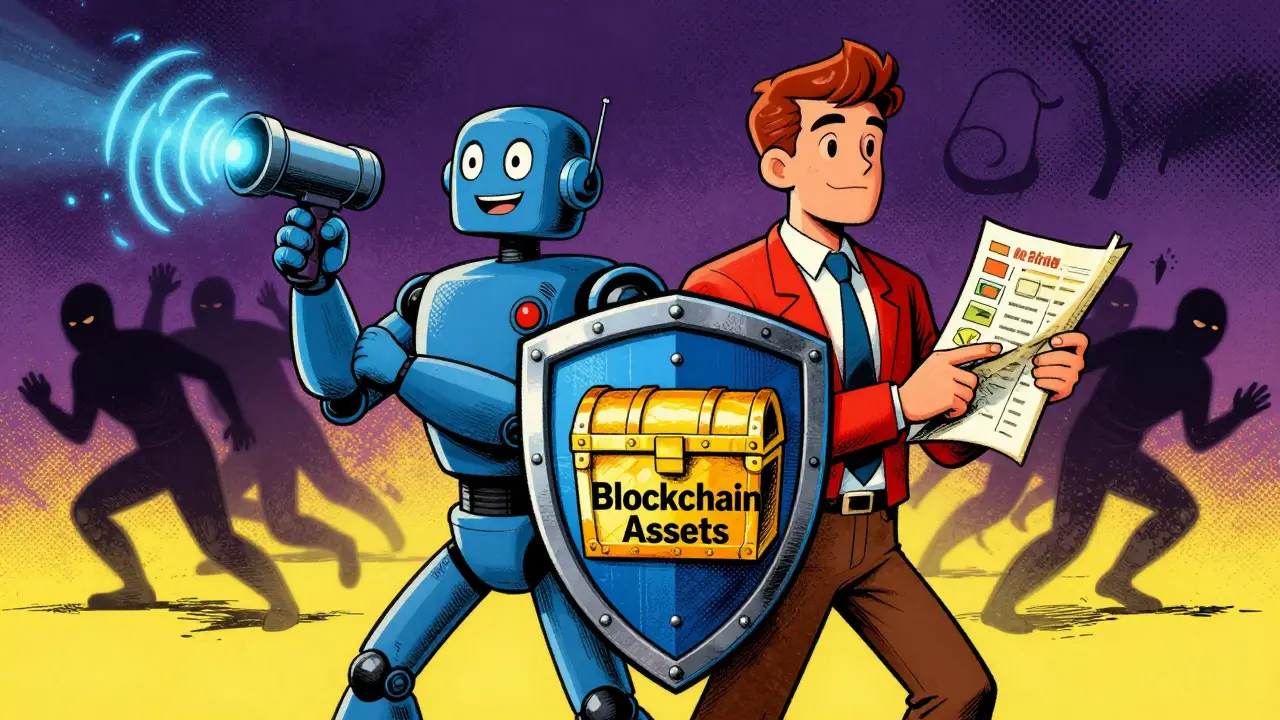 Robot and human team up to protect blockchain assets, vintage comic.