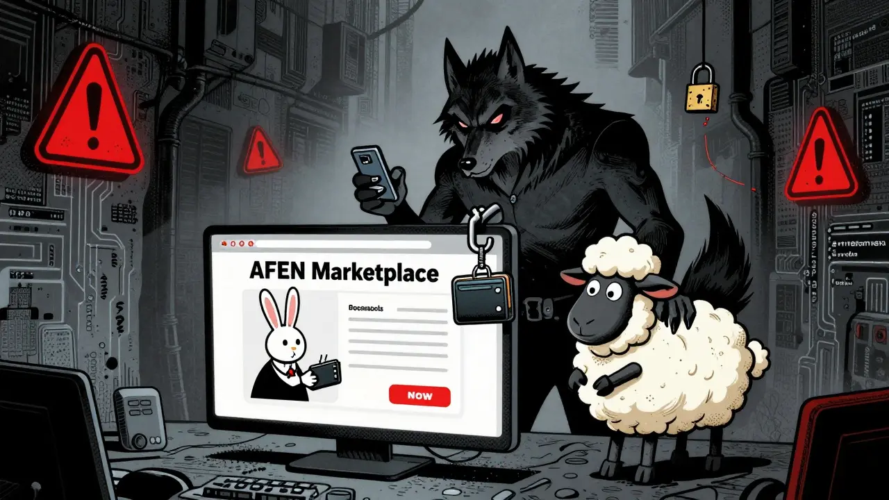 Sinister wolf scammer stealing from a user's wallet in retro comic art.
