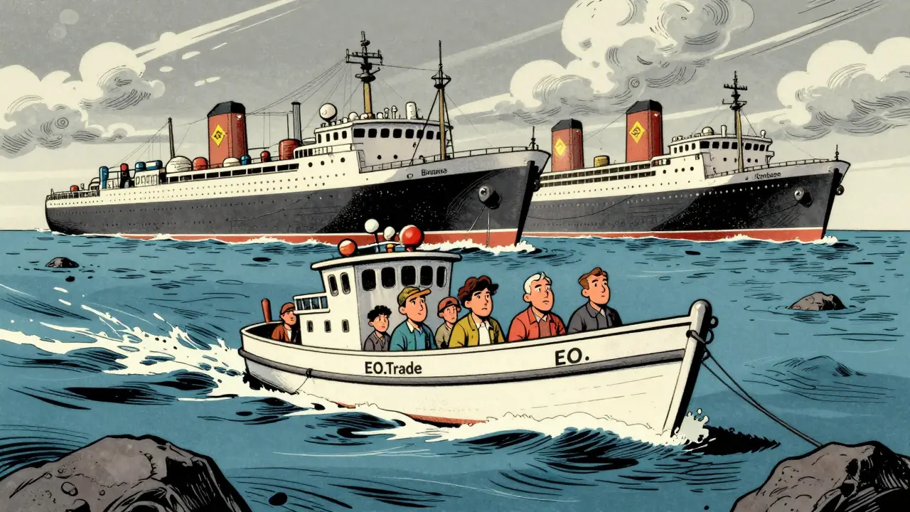 Small boat navigating choppy waters near large, stable ships representing major exchanges