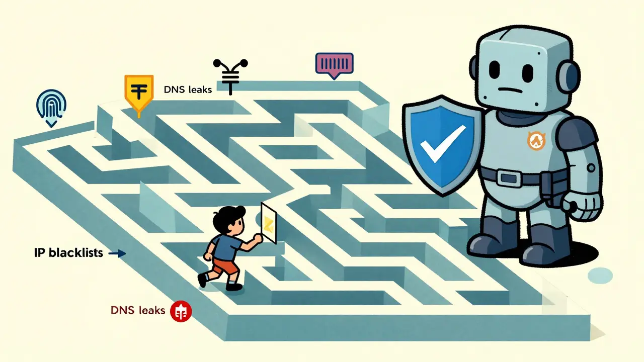 User navigating a security maze guarded by a compliance robot