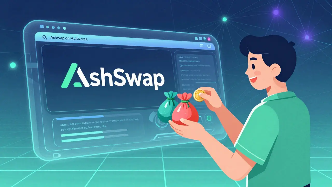 User swapping assets smoothly on a stylized blockchain interface in vintage cartoon.