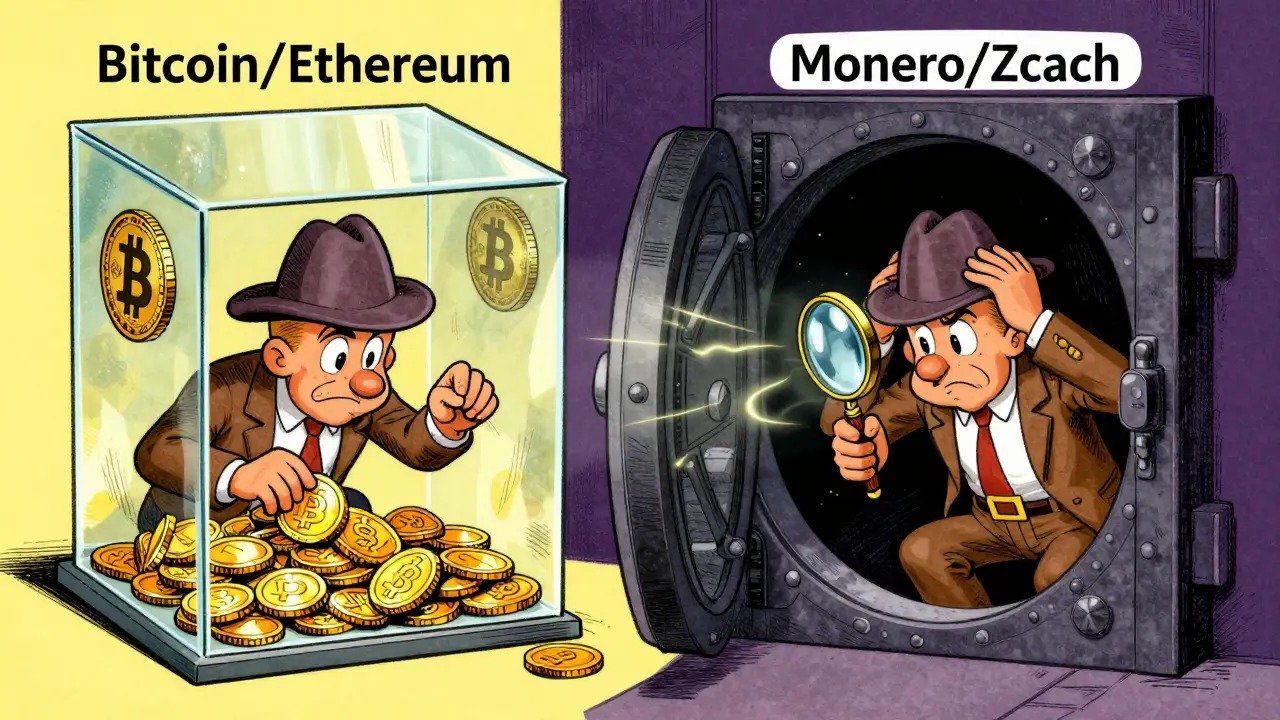 Vintage cartoon comparing traceable Bitcoin with untraceable privacy coins confusing regulators.