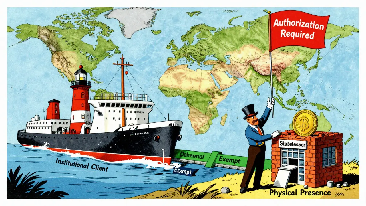 Vintage cartoon depicting overseas firms needing UK authorization for retail clients
