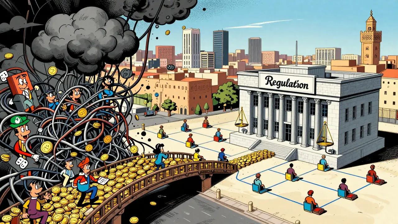 Vintage cartoon illustrating the shift from chaotic crypto markets to regulation