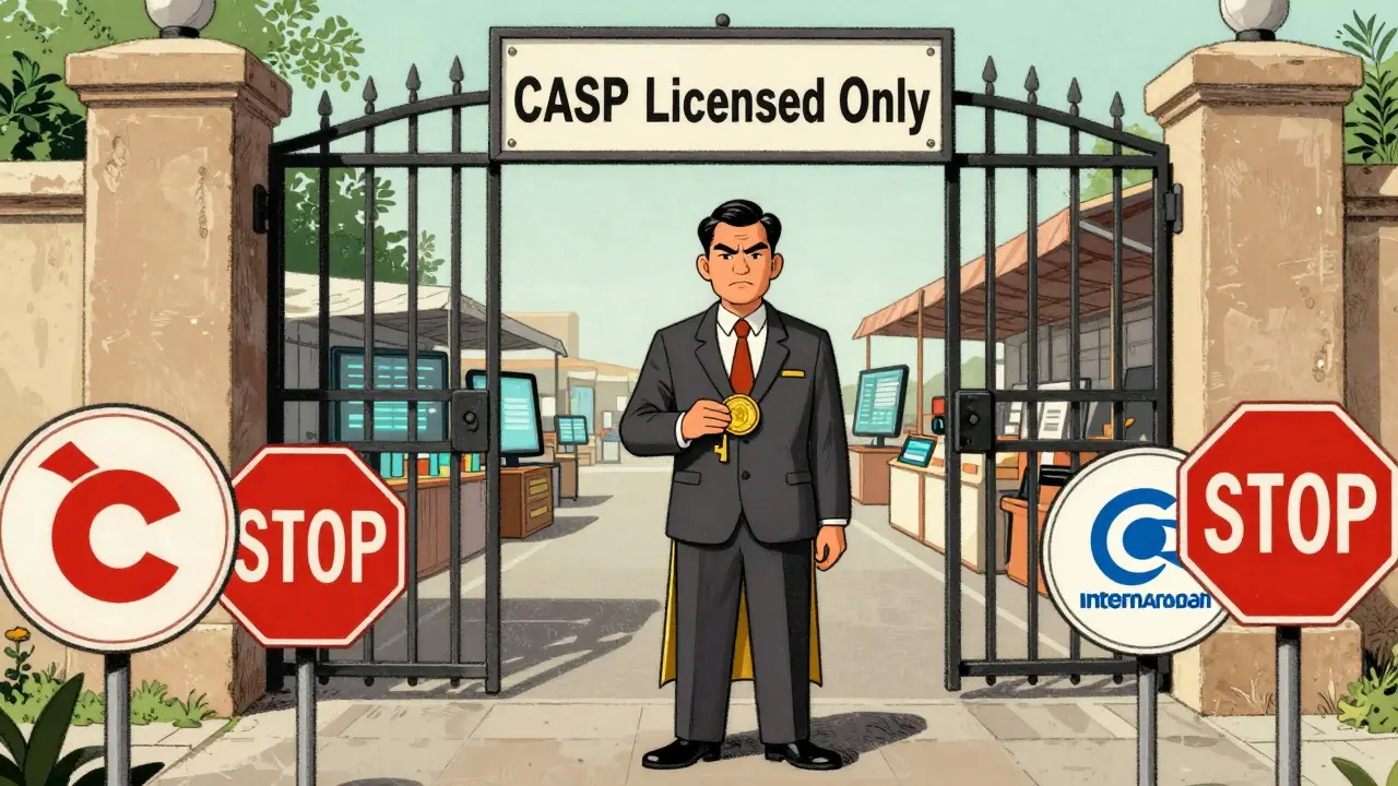 Vintage cartoon of a gatekeeper blocking unlicensed crypto trades