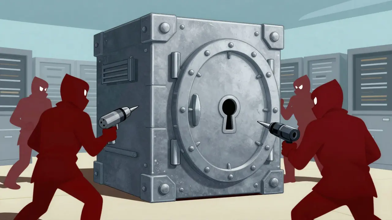 Vintage cartoon of a strong HSM vault repelling hacker attacks