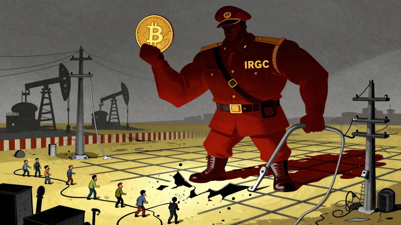 Vintage cartoon of military figure draining power grid for Bitcoin