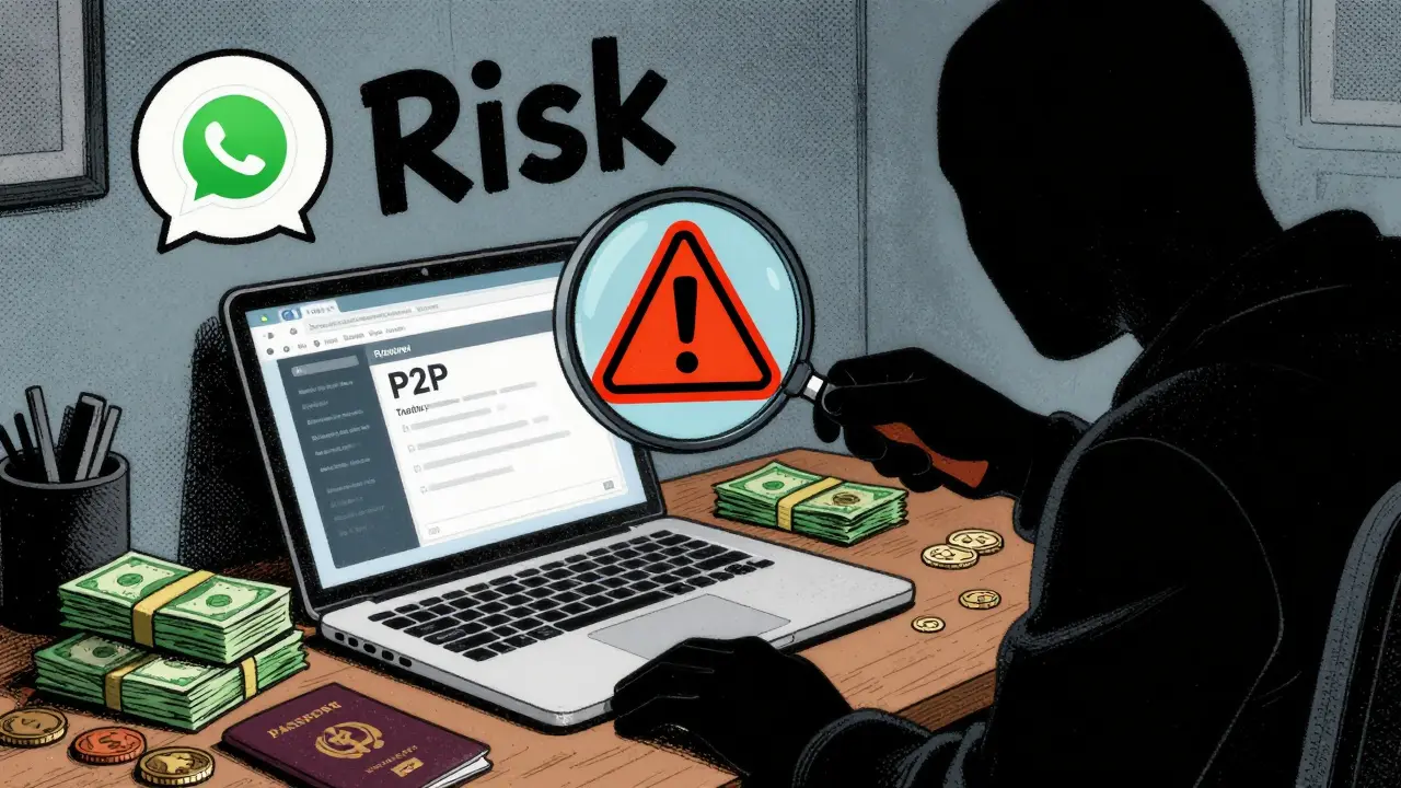 Vintage cartoon of risky underground crypto trading setup with cash and warnings