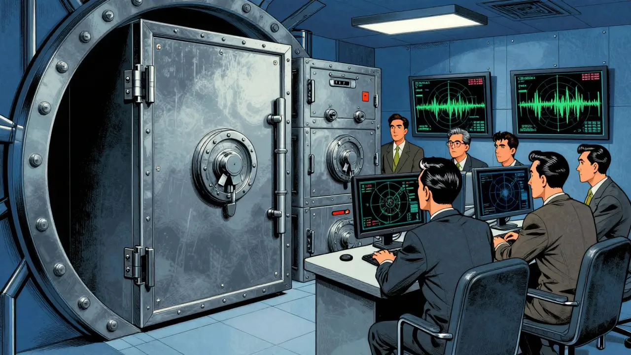 Vintage cartoon of secure crypto vault with analysts monitoring systems