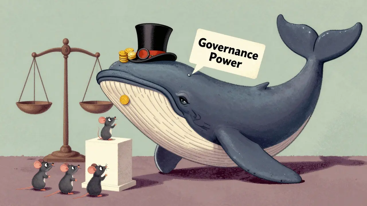 Vintage cartoon showing a large whale dominating small voters in crypto governance