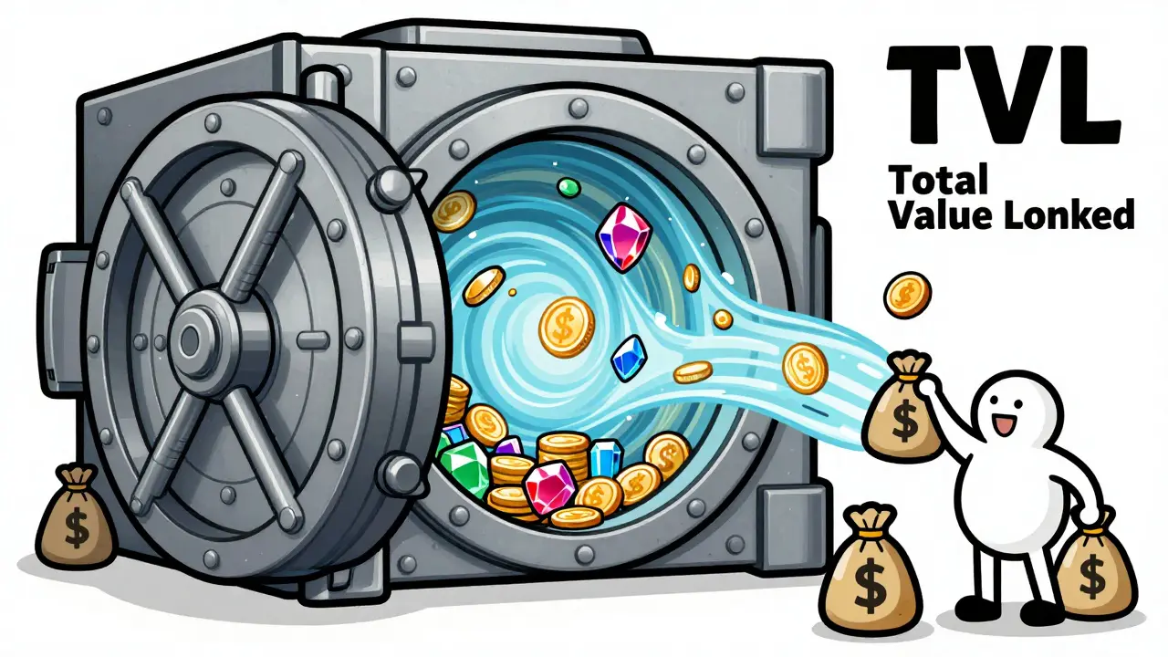 Vintage illustration of assets flowing into a large open vault