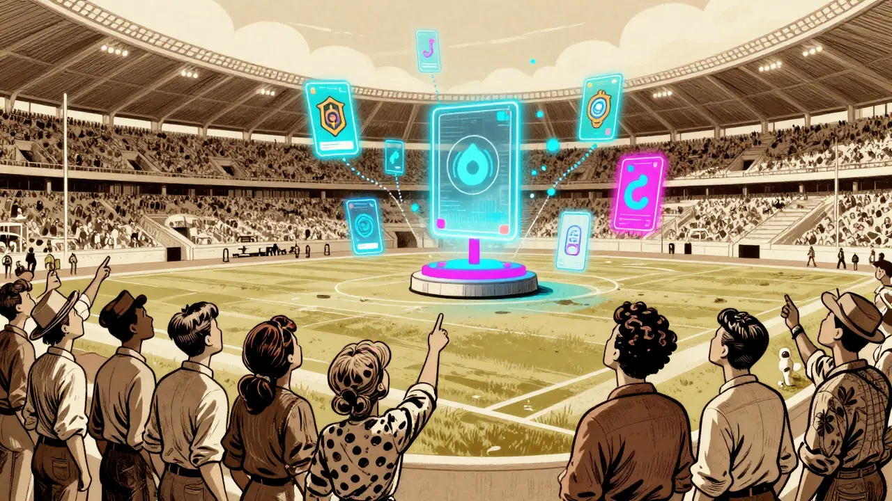 Vintage illustration of fans watching floating NFT cards over a football stadium.