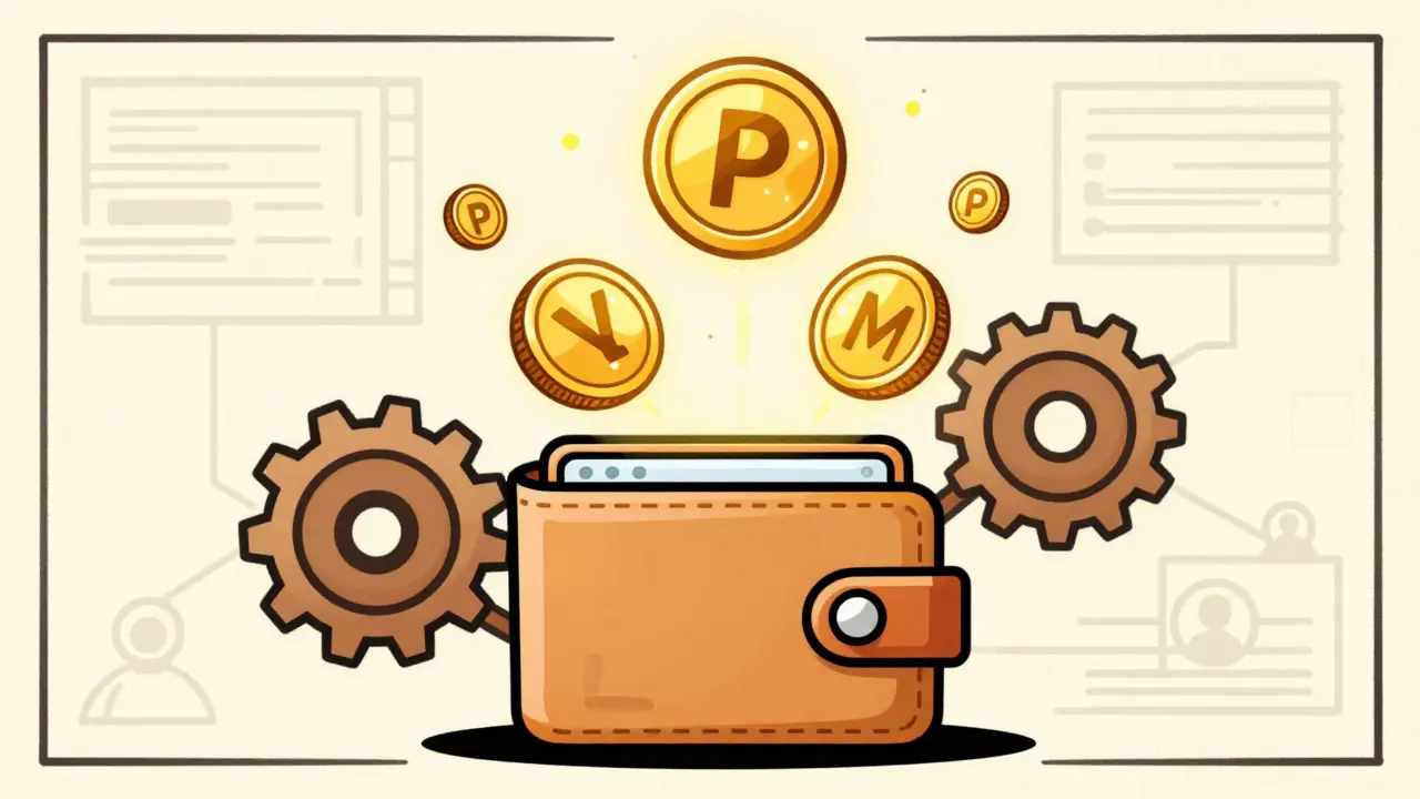 Vintage illustration of glowing PYM tokens and blockchain gears representing utility.
