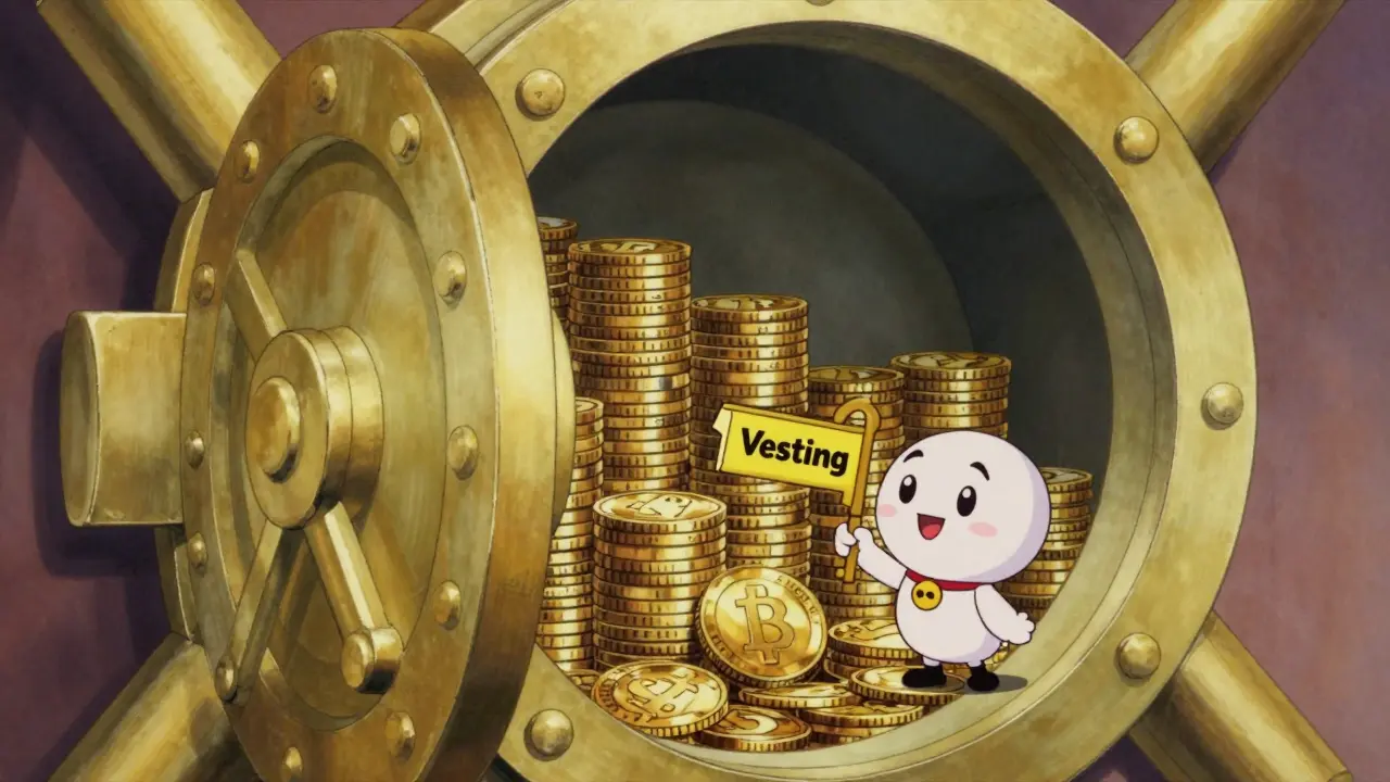 Whimsical vault with locked coins and a vesting key in vintage cartoon illustration.