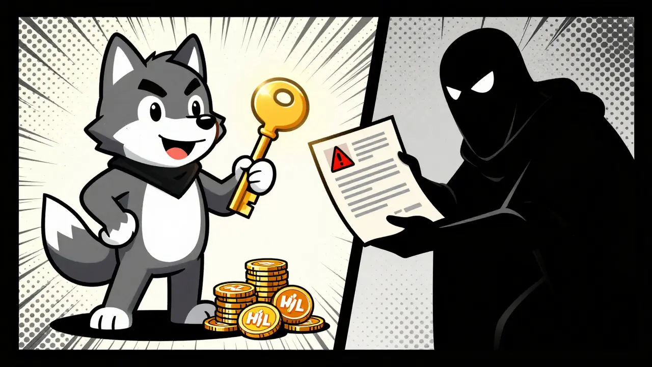 Wolf mascot with NFT key versus shadowy scammer figure