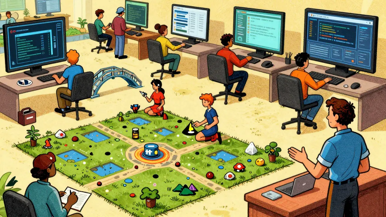 Bustling virtual marketplace with avatars trading assets and land in retro comic art