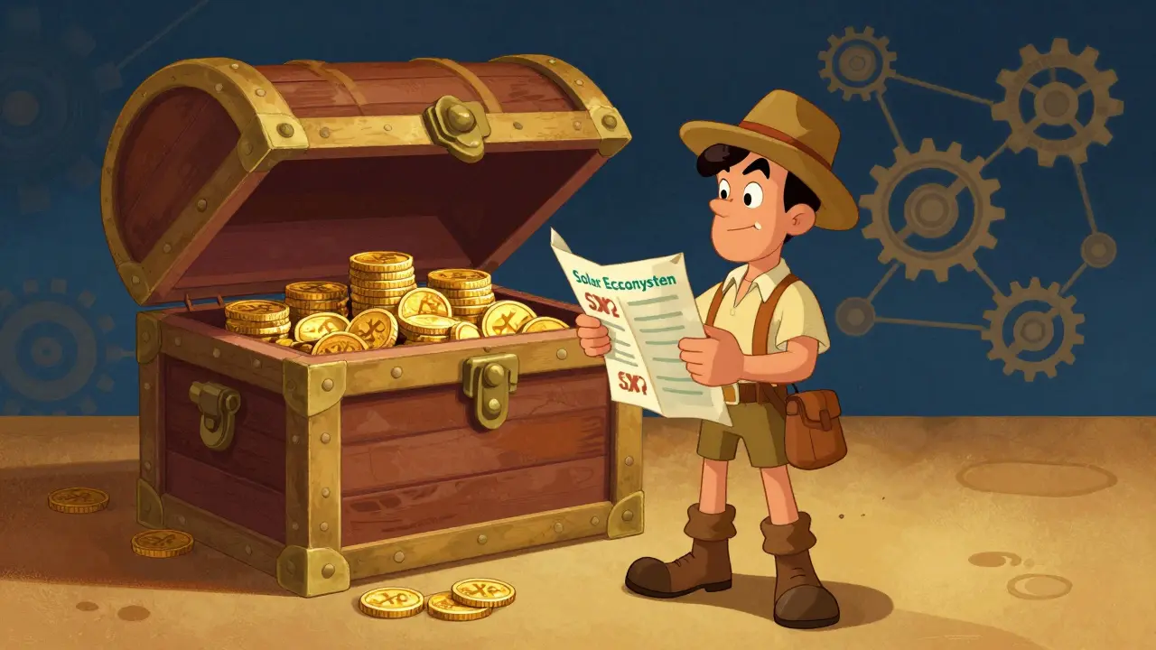 Cartoon adventurer with a map finding SXP coins in a treasure chest