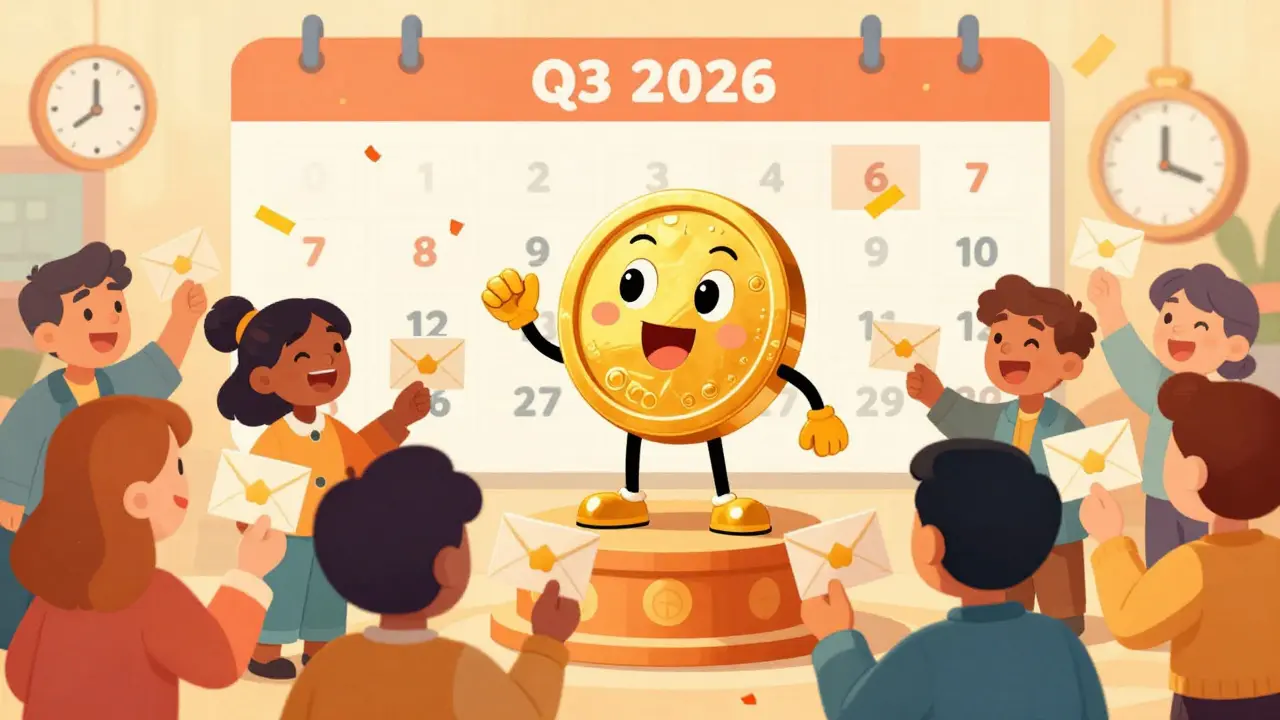 Cartoon characters celebrating token airdrop claims with envelopes and confetti