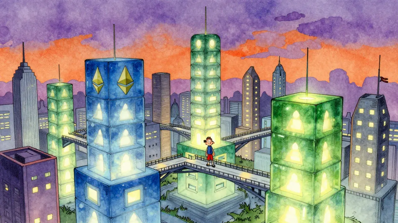 Cartoon cityscape of glowing blocks connected by bridges across chains.