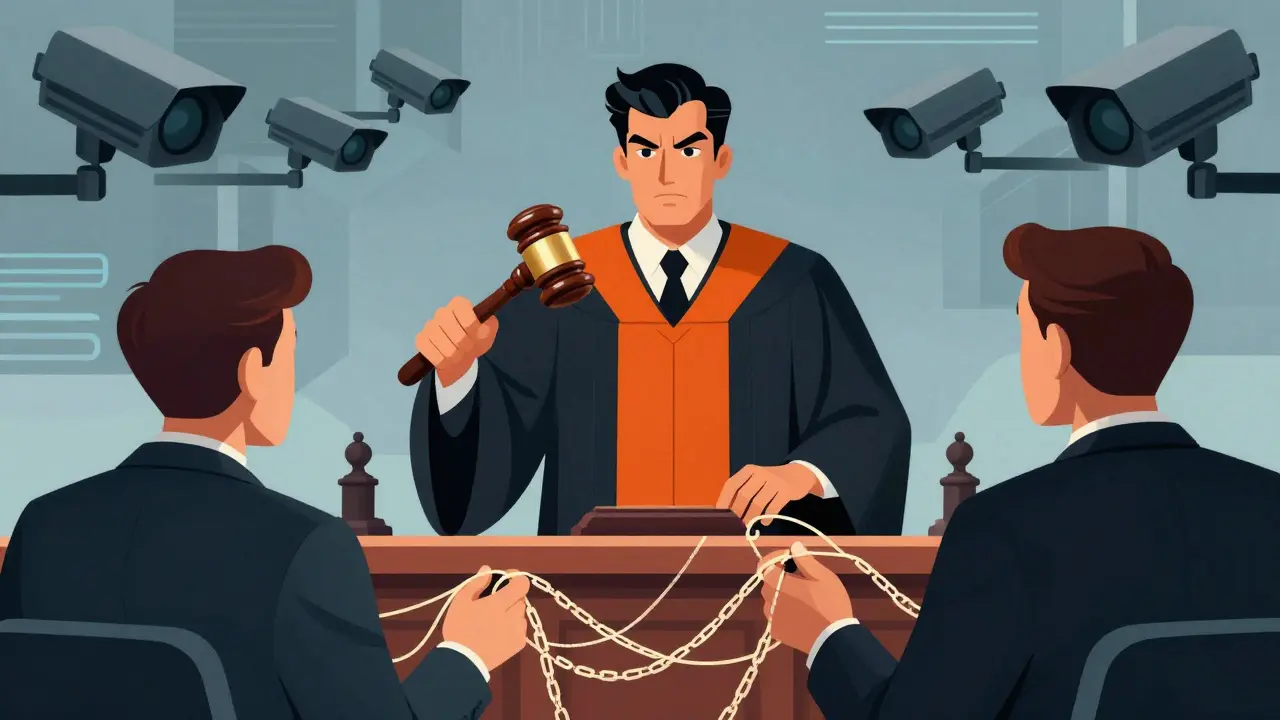 Cartoon judge sentencing crypto user in surveillance state