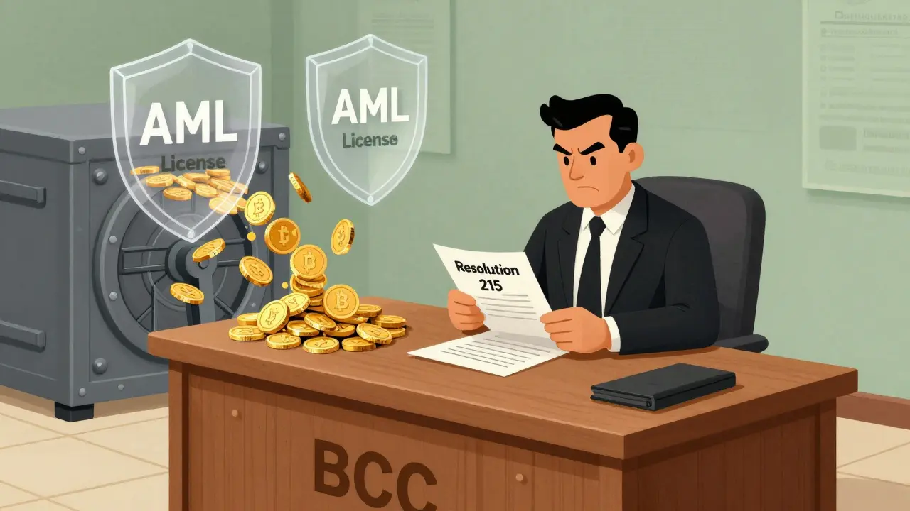 Cartoon of Cuban Central Bank regulating crypto flows with security shields