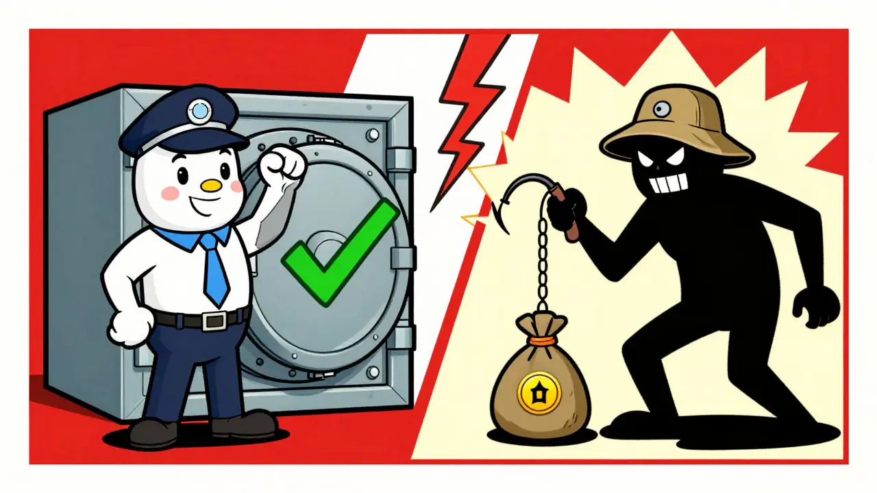 Cartoon showing safe vs scam airdrop sources