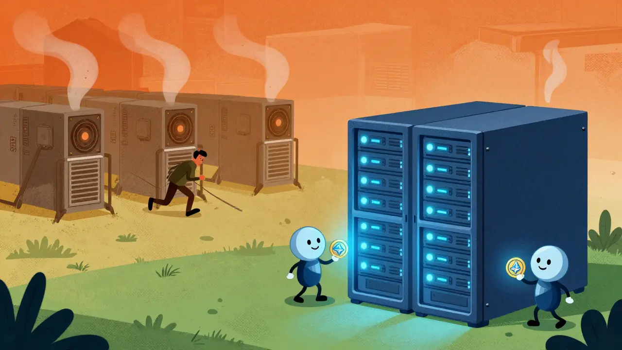 Cartoon showing the shift from energy-heavy mining to efficient staking validators.