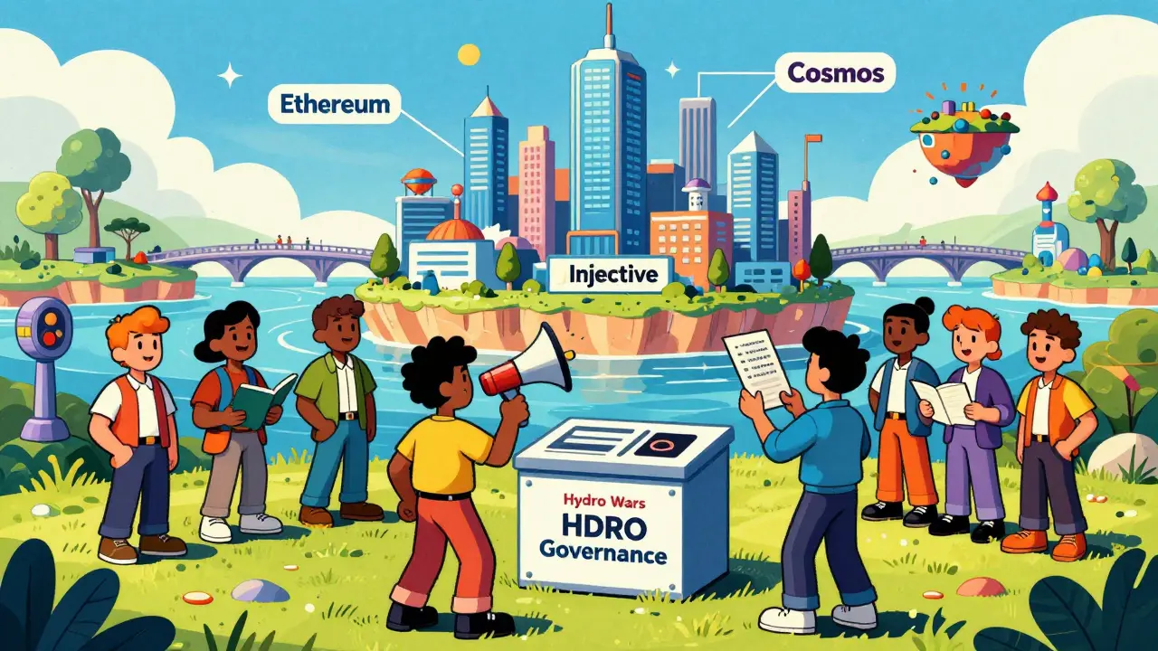 Community votes on yield strategies in a vintage cartoon DeFi cityscape.