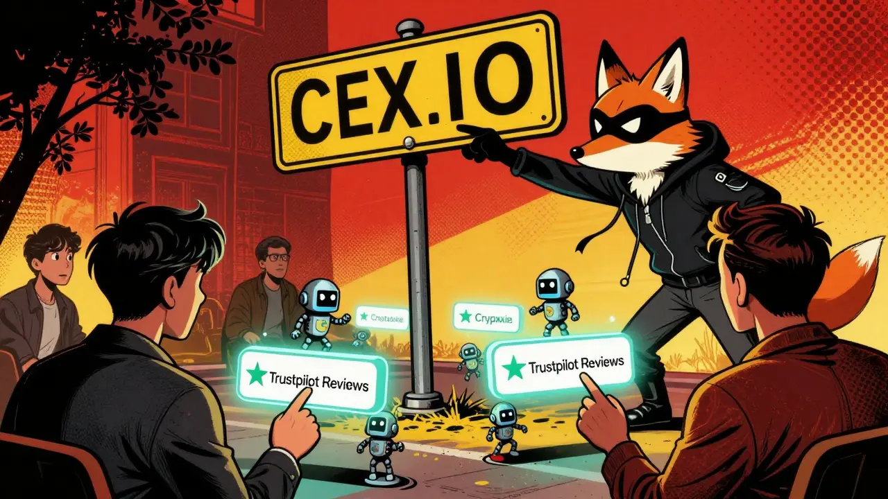 Fox-like hacker swapping signs from CEX.IO to Crypxie while bots manipulate fake reviews.