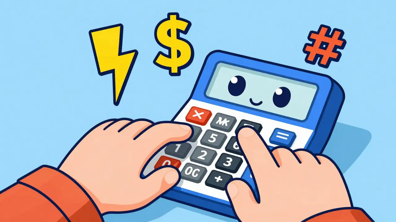 Hands entering data into retro calculator with floating mining metric icons